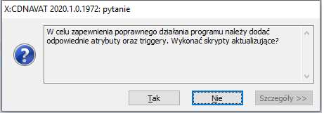 Komunikat informujący o konieczności dodania odpowiednich atrybutów i triggerów