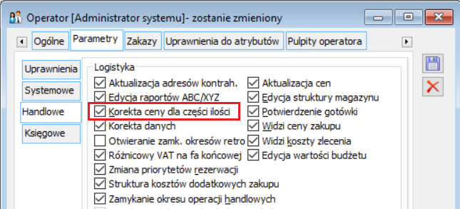 Prawo Operatora do dokonywania korekty ceny dla części ilości