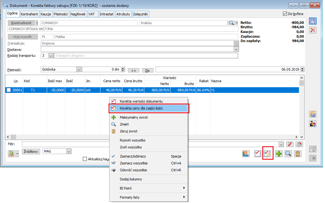 Opcja korekty: korekta ceny dla części ilości na dokumencie FZK