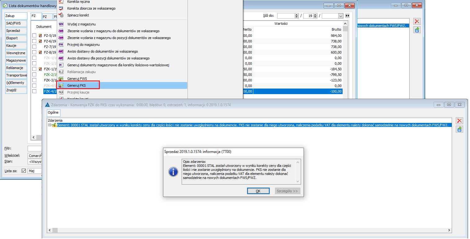 Ostrzeżenie podczas generowania FKS do transakcji, dla której wystawiono korektę zmiany ceny dla części ilości