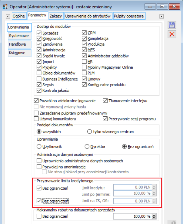 Przyznawanie limitu kredytowego – Operator, zakładka: Parametry/Uprawnienia