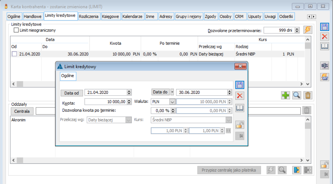 Karta kontrahenta, zakładka: Limity kredytowe