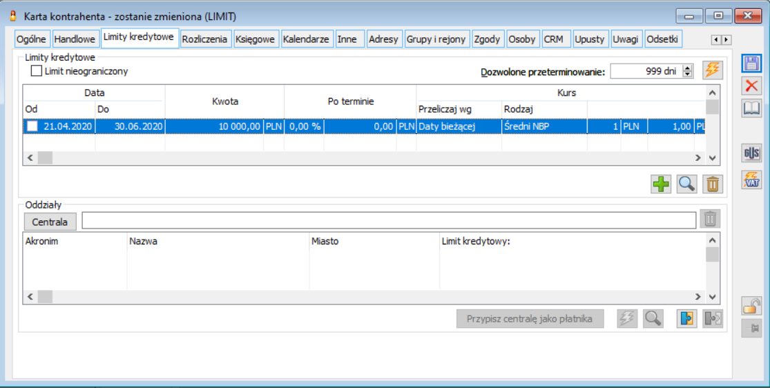 Karta kontrahenta, zakładka: Limity kredytowe