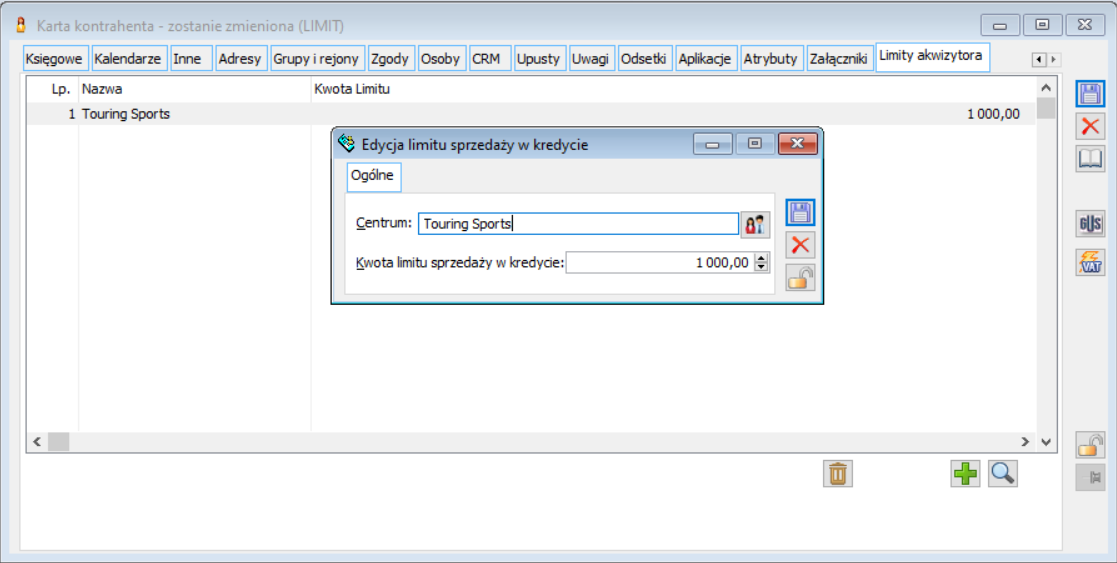 Karta kontrahenta, zakładka: Limit akwizytora