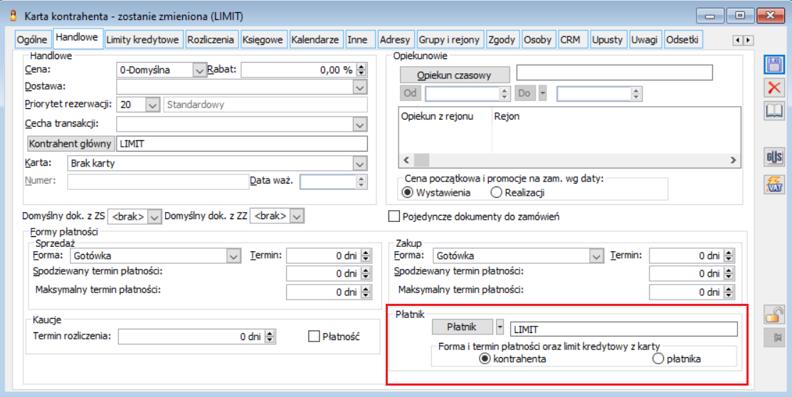 Karta kontrahenta, zakładka: Handlowe