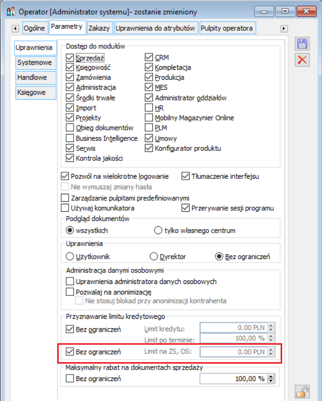 Przyznawanie limitu na ZS, OS – Operator, zakładka: Parametry/Uprawnienia