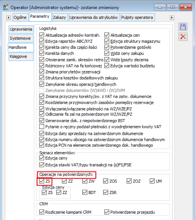 Parametr na karcie operatora - Operacje na potwierdzonych: ZS