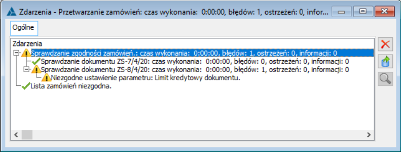 Log wyświetlany podczas tworzenia dokumentów handlowych i magazynowych do ZS – niezgodne ustawienie parametru: Limit kredytowy dokumentu.