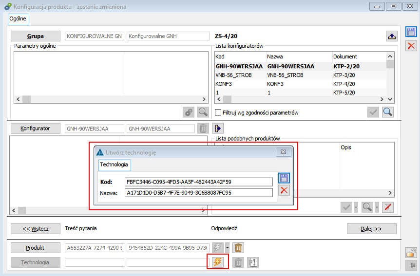 Okno z propozycją kodu i nazwy zakładanej technologii