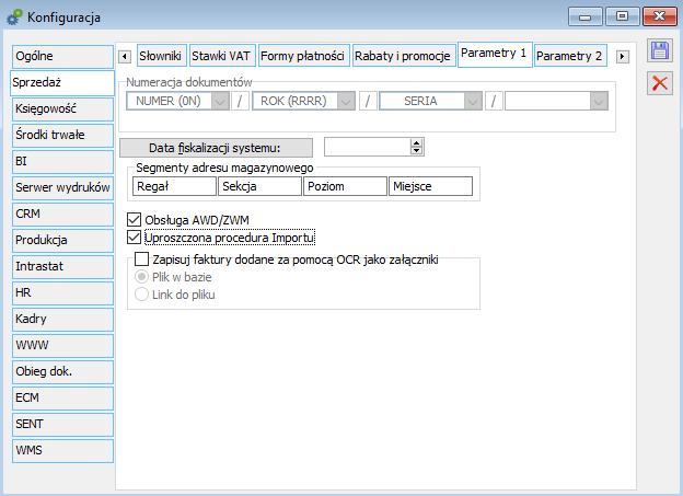Parametry adresu definiowane z poziomu konfiguracji (okno: Konfiguracja, Sprzedaż/Parametry 1)
