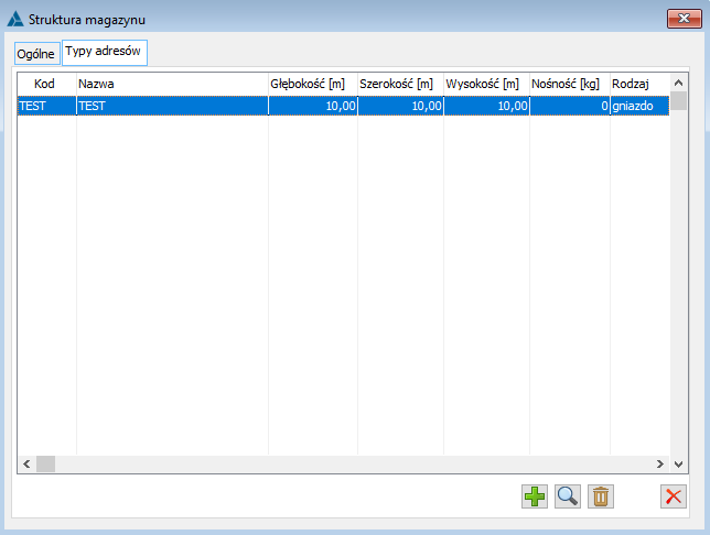 Struktura magazynu, zakładka: Typy adresu.