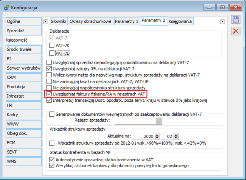 Konfiguracja, parametr: Uwzględniaj faktury fiskalne/RA w rejestrach VAT