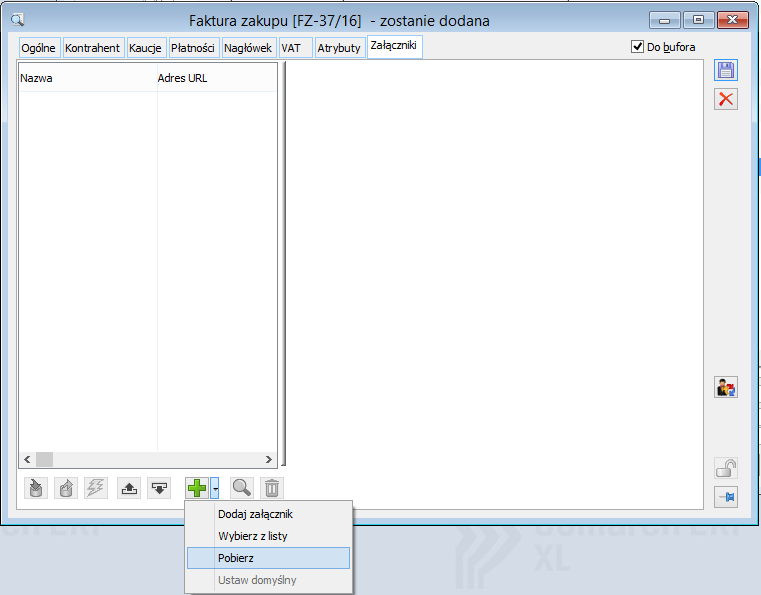 Faktura zakupu, zakładka: Załączniki, przycisk: Dodaj, opcja Pobierz