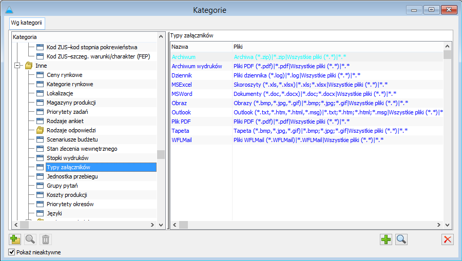 Typy załączników wyświetlone w oknie: Słowniki kategorii