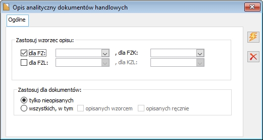 Parametry opisu dla opcji: Wg wzorca