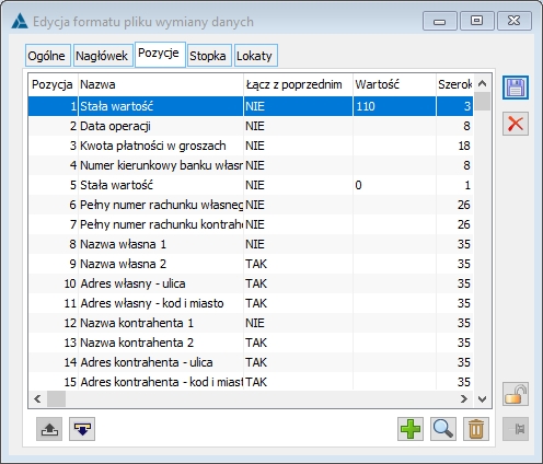 Edycja formatu pliku wymiany danych, zakładka: Pozycje