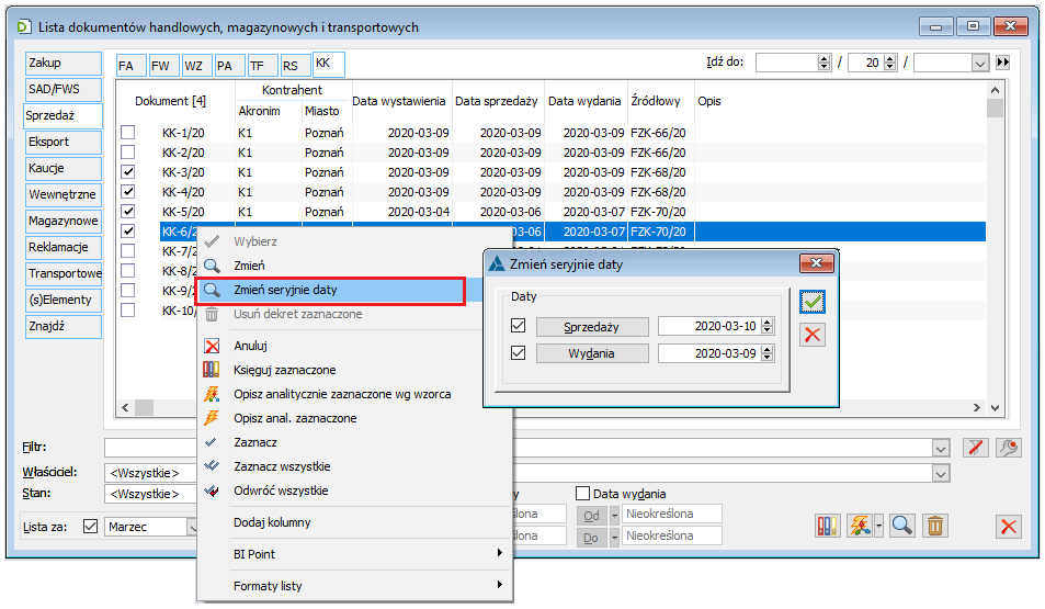 Data na liście dokumentów KK: filtrowanie oraz seryjna zmiana dat