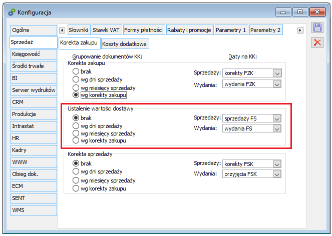  Parametryzacja grupowania i ustalania daty na KK generowanej wskutek ustalenia wartości dostawy