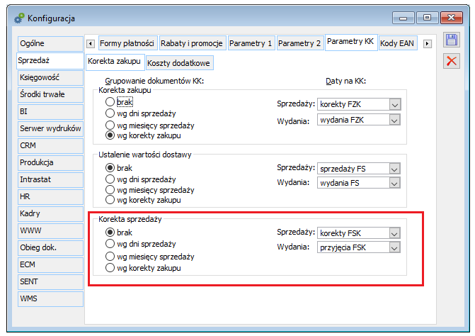 Parametryzacja grupowania i ustalania daty na KK generowanej z tytułu korekty rozchodu