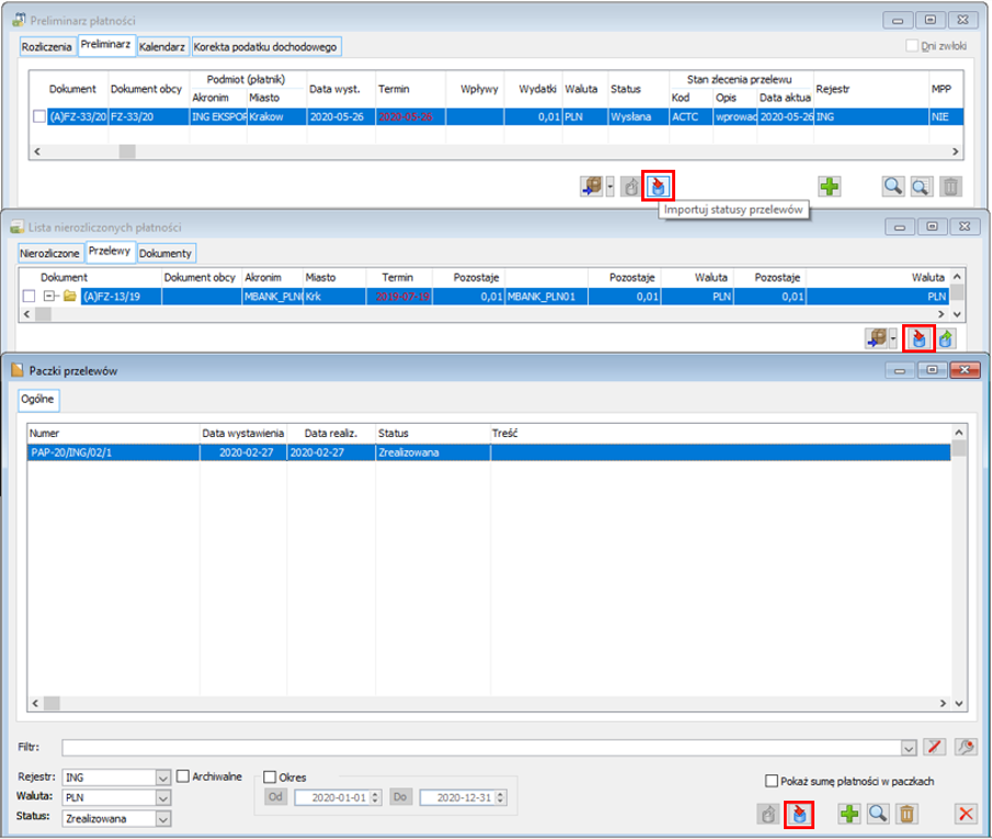 Preliminarz płatności, Lista nierozliczonych płatności, Paczki przelewów– ikona Importuj statusy przelewów