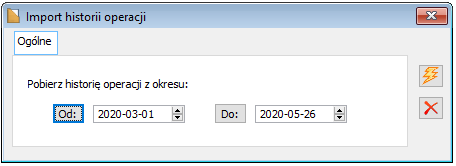 Okno: Import historii operacji – wskazanie zakresu dat