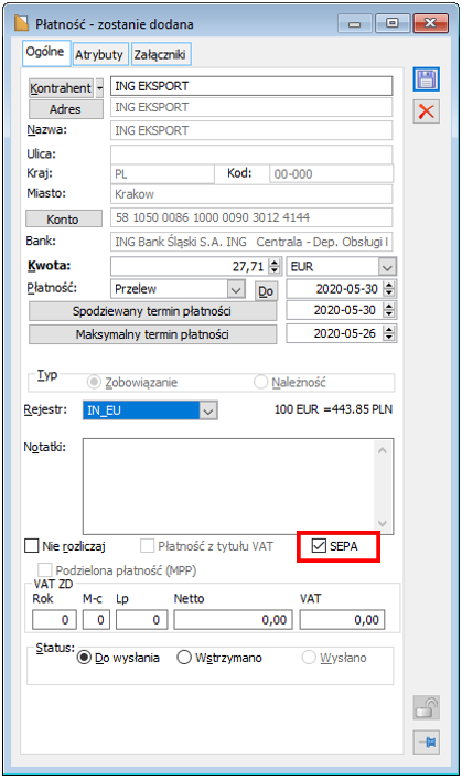 Płatność- Parametr SEPA