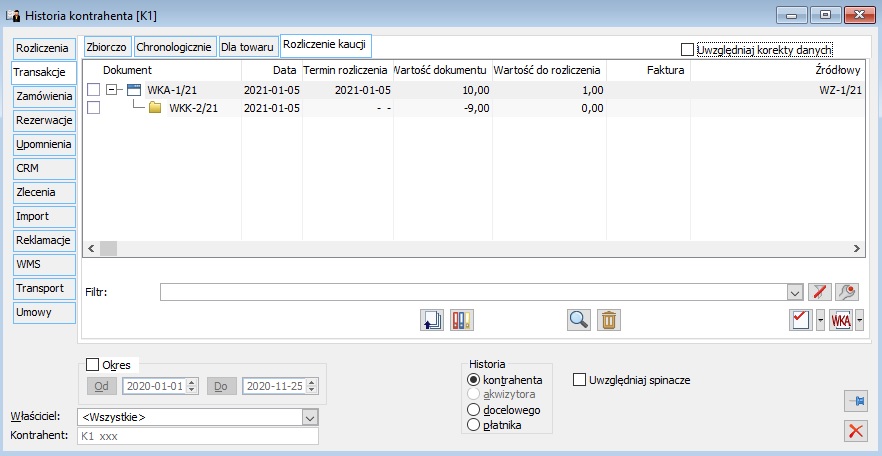 Historia kontrahenta, zakładka: Transakcje/Rozliczenia kaucji.