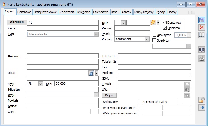Karta kontrahenta, zakładka: Ogólne.