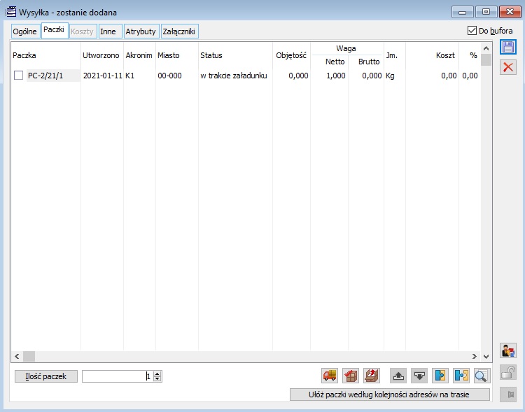Wysyłka, zakładka: Paczka.