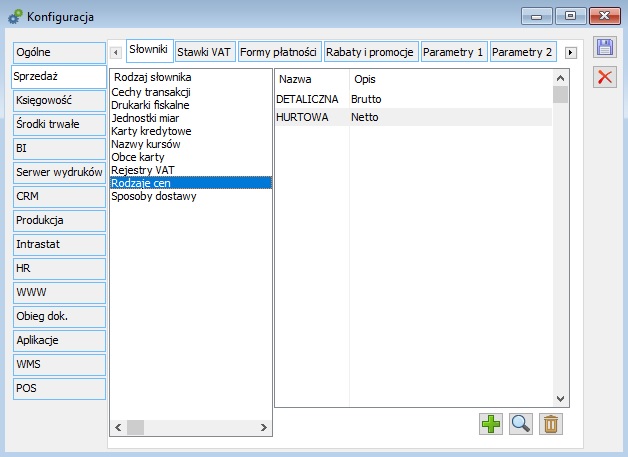 Konfiguracja, zakładka: Sprzedaż/Słowniki