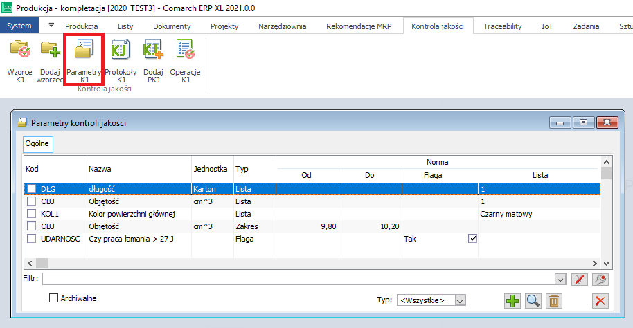 Lista parametrów kontroli jakości