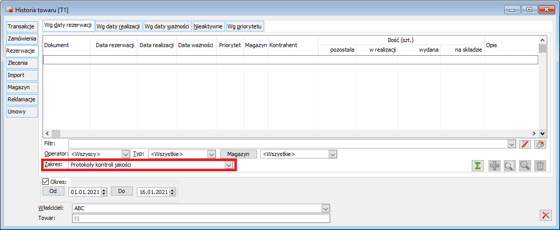 Lista protokołów na zakładce Rezerwacje historii towaru