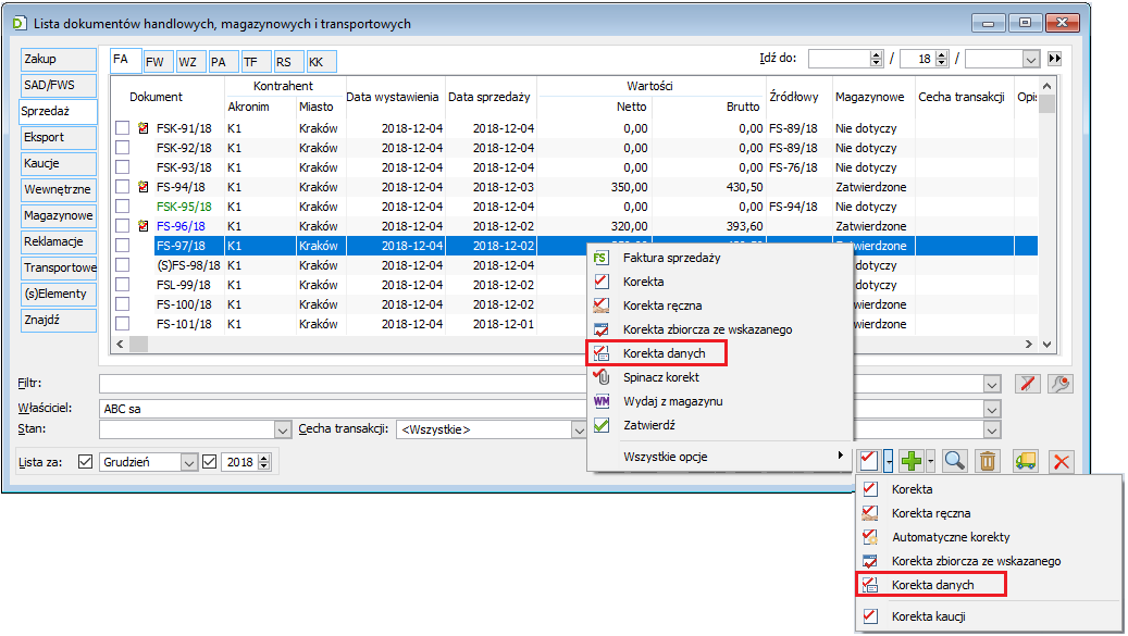 Opcja generowania Korekty danych w menu przycisku Korekta oraz w menu kontekstowym