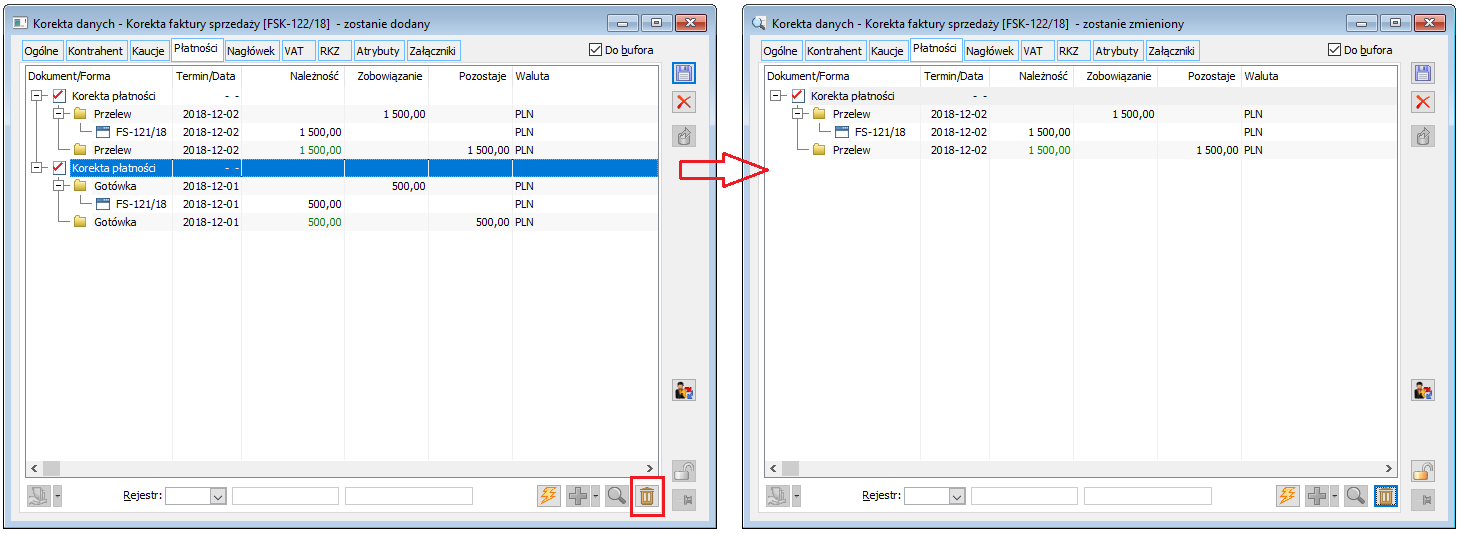 Usuwanie płatności z korekty danych – usunięta płatność korygowana i korygująca