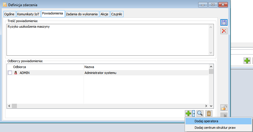 Definicja zdarzenia, Zakładka: Powiadomienia.