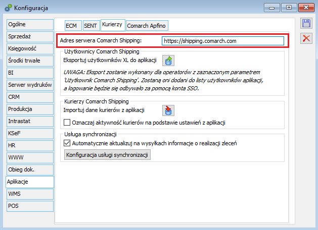Ustawienia adresu serwera Comarch Shipping w oknie konfiguracji
