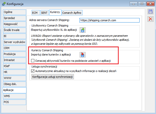 Import danych o kurierach z aplikacji Comarch Shipping