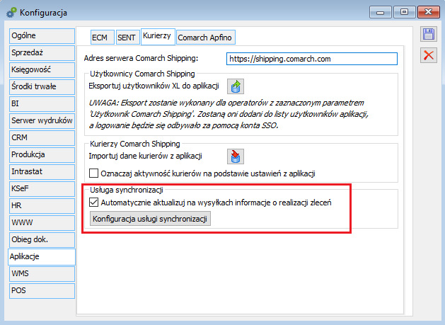 Ustawienia usługi synchronizacji dla Comarch Shipping