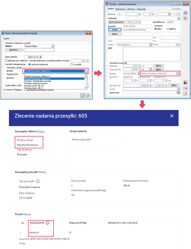 Rodzaj usługi i rodzaju paczki w Systemie i przekazanie tych danych do zlecenia w Comarch Shipping