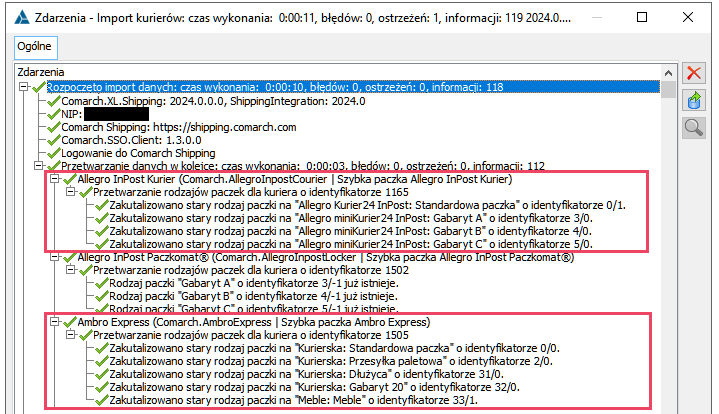 Import z Comarch Shipping rodzajów usług wraz z rodzajami paczek