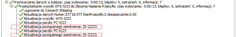 Informacja o aktualizacji powiązanych zamówień w logu z operacji do Comarch Shipping