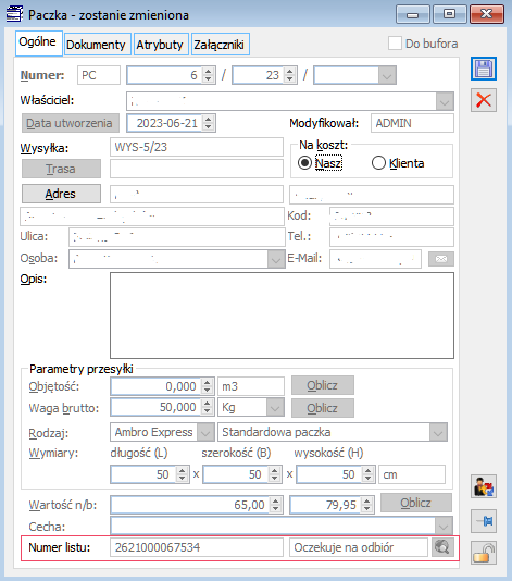 Numer listu i status przesyłki z Comarch Shipping na paczce w Comarch ERP XL