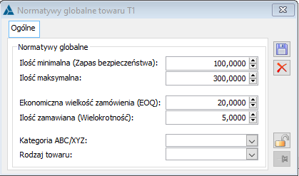 Okno: Normatywy globalne towaru.