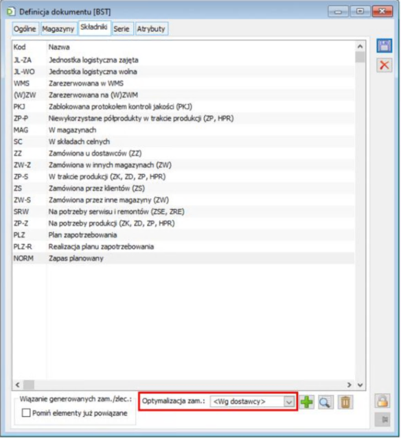 Parametr Optymalizacji zamówień na definicji BST