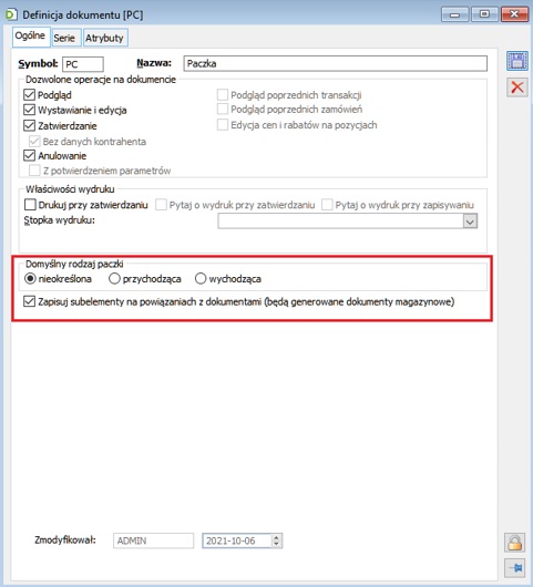 Nowe ustawienia na definicji dokumentu Paczka