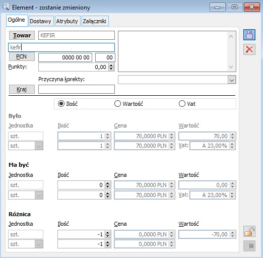 Korekta elementu transakcji, zakładka: Ogólne.