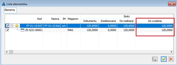 Możliwość wskazania elementów/subelementów oraz ilości do pobrania na tworzony dokument magazynowy