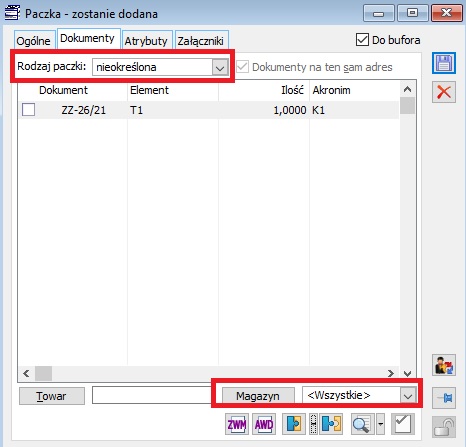 Zmiany na paczce, zakładka [Dokumenty]