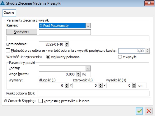 Parametry dla tworzenia zlecenia w Comarch Shipping