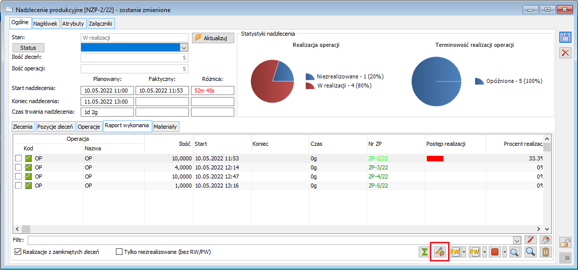 Nadzlecenie produkcyjne, zakładka: Raport wykonania - nowa opcja: Zamień lub dodaj zasoby